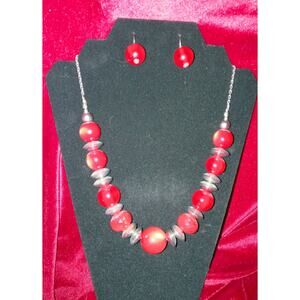 Vintage Red Chunky Beaded Necklace With Matching Dangling Earrings